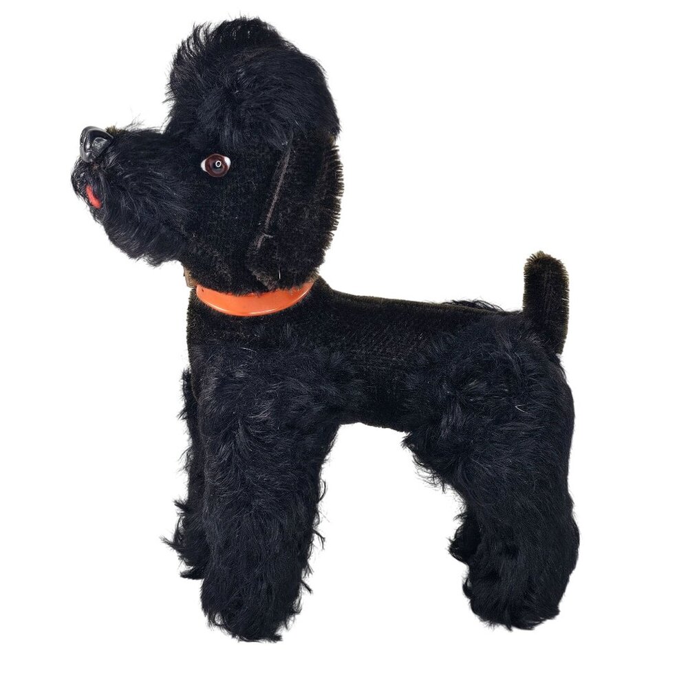 Vintage Steiff Black Poodle Snobby Plush Dog Toy Red Collar 8.5" Jointed